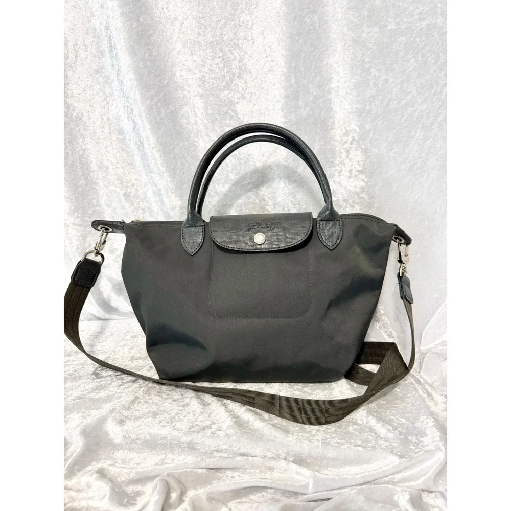 Longchamp Le Pliage Shopping Depose Handbag Grey Nylon Leather Crossbody Satchel